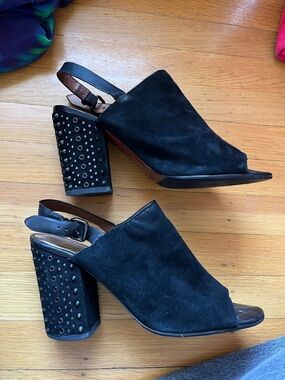 Coach Drew Lux black suede slingback heels studded block 9.5 peep toe buttery